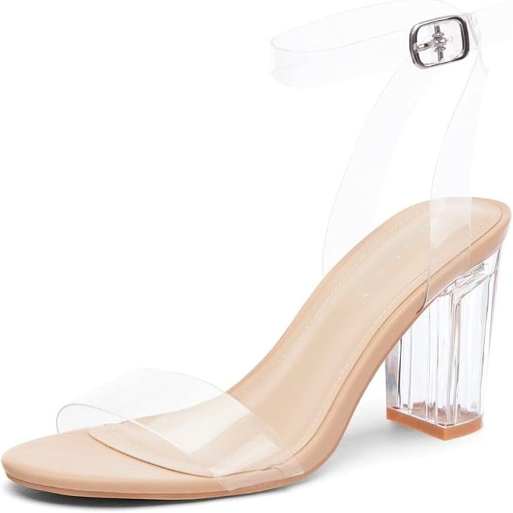 Clear Strap Heels Lucite Block Heel Transparent Sandals Size 10 ZriEy